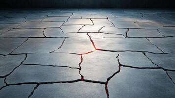 Cracked floor with glowing fissures in dark room, creating dramatic effect photo