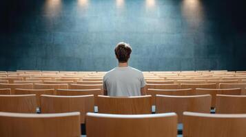 solo performer sits in empty theater, surrounded by wooden seats photo