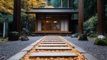 serene small shrine surrounded by vibrant autumn foliage and stone path photo
