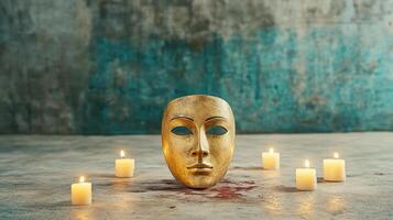 sinister looking mask resting on bloodstained altar surrounded by candles photo