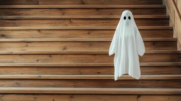 spectral figure in white sheet stands on wooden stairs, evoking spooky atmosphere photo