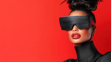 striking fashion portrait featuring model in bold sunglasses against vibrant red background photo