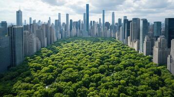 Aerial view of urban park surrounded by skyscrapers, showcasing greenery photo