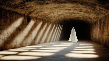 white flowing figure drifts through dimly lit stone tunnel, evoking mystery photo