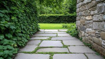 serene pathway lined with stone slabs, surrounded by lush greenery photo