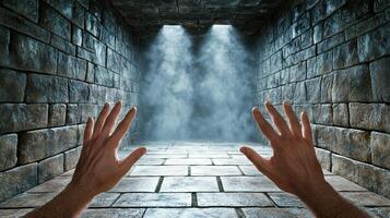 Ancient crypt with broken tombs and spectral hands reaching out photo