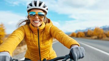 confident woman cycling outdoors on sunny day, wearing yellow jacket and sunglasses photo