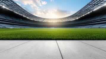 serene empty stadium at dusk, showcasing vibrant green fields and seating photo