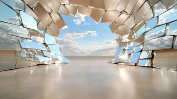 chaotic room with broken mirrors reflecting bright sky photo