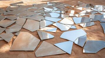 Shattered mirrors scattered on sandy ground create chaotic scene photo