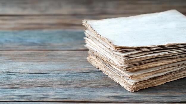 Old manuscript pages stacked on wooden surface, showcasing texture and history photo