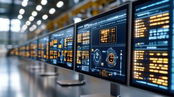 High tech energy management dashboard with multiple screens displaying data photo