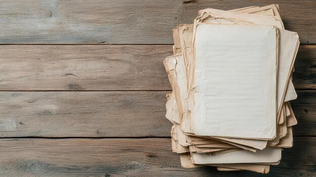 Old handwritten pages stacked on rustic wooden table evoke nostalgia photo