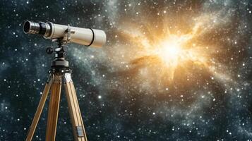 telescope observing bright star in night sky, capturing cosmic beauty photo