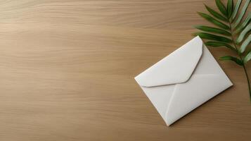 closed envelope resting on desk with green leaf nearby, symbolizing communication photo