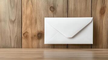 closed envelope resting on wooden desk symbolizes communication and connection photo