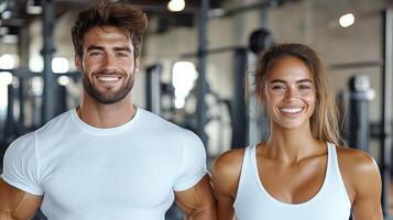happy couple smiling together in gym, showcasing fitness and support photo