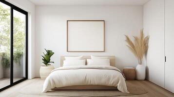 cozy bedroom with low bed, neutral bedding, and natural decor photo