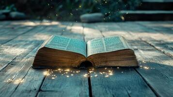 open book with glowing symbols on wooden surface, creating magical atmosphere photo