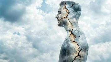 man with cracked surface, blending with cloudy sky, symbolizes inner turmoil photo