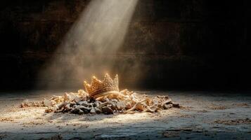 cursed crown lies among shattered bones, illuminated by haunting light photo