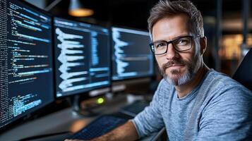 cybersecurity coder working on penetration testing in modern office photo