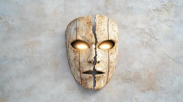 Cursed mask split into pieces with faintly glowing eyes on wall photo