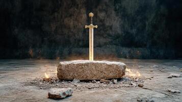 cursed sword embedded in stone, surrounded by glowing embers photo