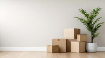 Unpacked boxes in new home with plant, symbolizing fresh beginnings photo