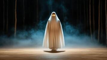 pale ghostly figure with glowing eyes stands in misty forest photo