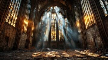 Ruins of grand cathedral with shattered stained glass and sunlight streaming in photo