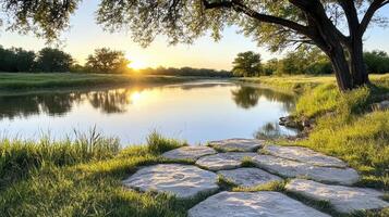 serene riverbank at sunrise with golden light reflecting on water photo