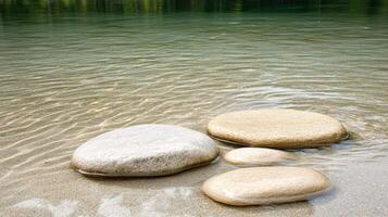 Smooth stones on tranquil riverbank with gentle ripples photo