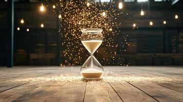 glowing hourglass spills sand, creating magical atmosphere in rustic setting photo