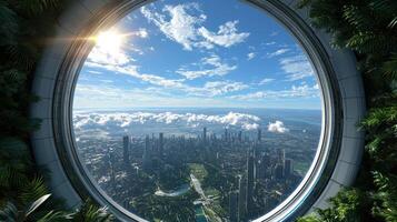 breathtaking view of futuristic city through circular window, showcasing lush greenery and blue photo