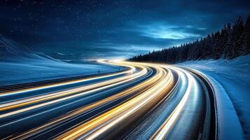 surreal highway at night with long exposure capturing light trails photo