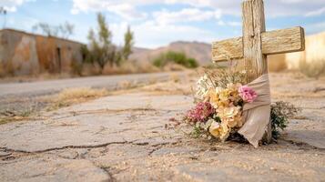 roadside cross adorned with flowers stands in desolate landscape photo