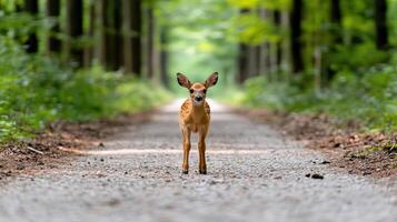 small deer standing on quiet forest trail, gazing curiously photo
