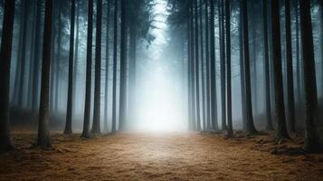 dense foggy forest with tall trees and mysterious light ahead photo