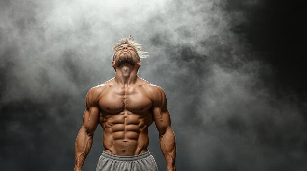 muscular hombre con definido abdominales posando con confianza en ahumado atmósfera foto