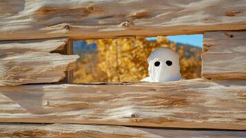 ghostly figure peering through cracked wooden window, evoking mystery photo
