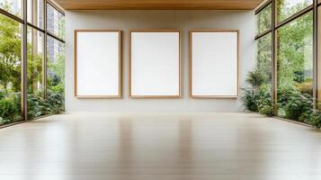 Empty gallery with three frames and greenery outside photo