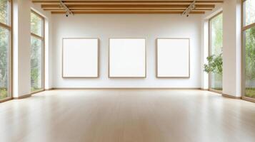Empty gallery space with three blank frames and natural light photo