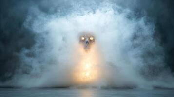 haunting figure emerges from mist, with glowing eyes and eerie presence photo