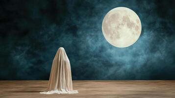 ghostly figure draped in white gazes at full moon in dark sky photo