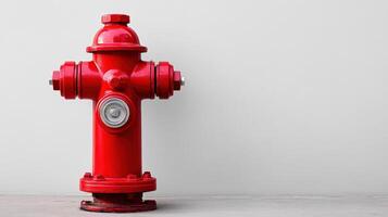 bright red fire hydrant stands against light gray background, symbolizing safety photo