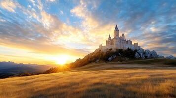 castle illuminated by soft light of dawn, surrounded by golden fields photo