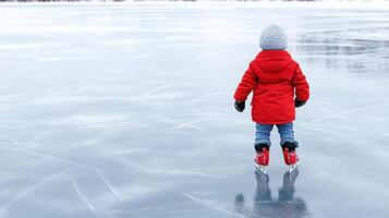 child in red winter coat learning to ice skate on frozen lake photo