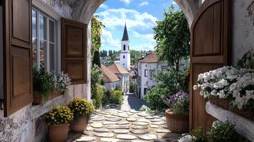 charming European village view from train window, showcasing beautiful flowers and architecture photo
