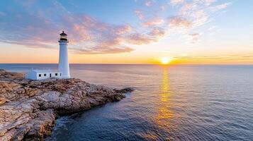 cinematic sunrise over old lighthouse, illuminating ocean waves photo
